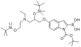 1H-Indole-1-carboxylic acid, 2-borono-5-[2-[[(1,1-dimethylethyl)dimethylsilyl]oxy]-3-[[2-[[(1,1-dimethylethyl)dimethylsilyl]oxy]ethyl]ethylamino]propoxy]-, 1-(1,1-dimethylethyl) ester Struktur