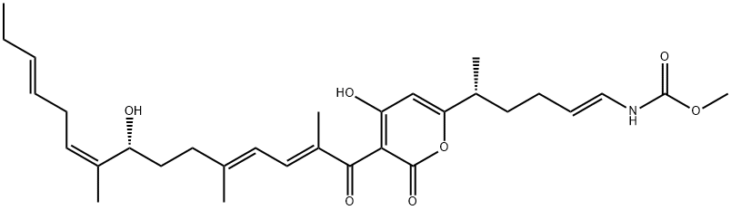 [5-[4-Hydroxy-3-(8-hydroxy-2,5,9-trimethyl-1-oxo-2,4,9,12-pentadecatetrenyl)-2-oxo-2H-pyran-6-yl]-1-hexenyl]carbamic acid methyl ester Struktur