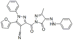 1H-Pyrazole-4-carbonitrile,  3-[[4,5-dihydro-3-methyl-5-oxo-4-(2-phenylhydrazinylidene)-1H-pyrazol-1-yl]carbonyl]-5-(2-furanyl)-1-phenyl- Struktur