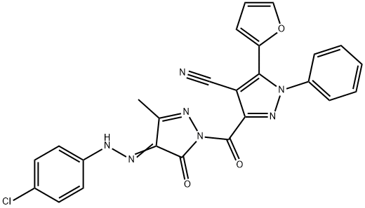 1H-Pyrazole-4-carbonitrile,  3-[[4-[2-(4-chlorophenyl)hydrazinylidene]-4,5-dihydro-3-methyl-5-oxo-1H-pyrazol-1-yl]carbonyl]-5-(2-furanyl)-1-phenyl- Struktur