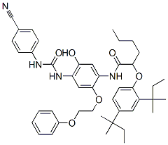 2-[2,4-bis(1,1-dimethylpropyl)phenoxy]-N-[4-[[[(4-cyanophenyl)amino]carbonyl]amino]-5-hydroxy-2-(2-phenoxyethoxy)phenyl]hexanamide Struktur