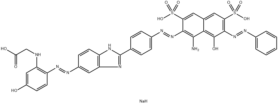 trisodium N-[2-[[2-[4-[[1-amino-8-hydroxy-7-(phenylazo)-3,6-disulphonato-2-naphthyl]azo]phenyl]-1H-benzimidazol-5-yl]azo]-5-hydroxyphenyl]glycinate Struktur