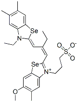 2-[2-[(3-ethyl-5,6-dimethyl-3H-benzoselenazol-2-ylidene)methyl]but-1-enyl]-6-methoxy-5-methyl-3-(3-sulphonatopropyl)benzoselenazolium Struktur