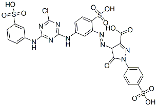 4-[[5-[[4-chloro-6-[(3-sulphophenyl)amino]-1,3,5-triazin-2-yl]amino]-2-sulphophenyl]azo]-4,5-dihydro-5-oxo-1-(4-sulphophenyl)-1H-pyrazole-3-carboxylic acid Struktur