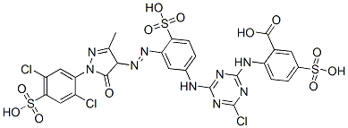 2-[[4-chloro-6-[[3-[[1-(2,5-dichloro-4-sulphophenyl)-4,5-dihydro-3-methyl-5-oxo-1H-pyrazol-4-yl]azo]-4-sulphophenyl]amino]-1,3,5-triazin-2-yl]amino]-5-sulphobenzoic acid Struktur