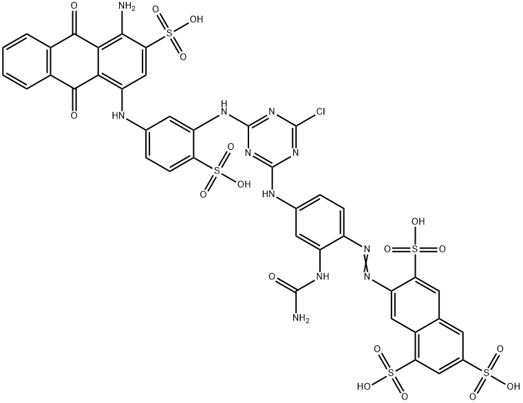 7-[[2-[(aminocarbonyl)amino]-4-[[4-[[5-[(4-amino-9,10-dihydro-9,10-dioxo-3-sulpho-1-anthryl)amino]-2-sulphophenyl]amino]-6-chloro-1,3,5-triazin-2-yl]amino]phenyl]azo]naphthalene-1,3,6-trisulphonic acid Struktur