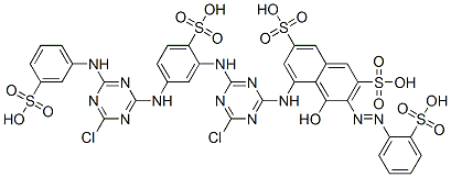 5-[[4-chloro-6-[[5-[[4-chloro-6-[(3-sulphophenyl)amino]-1,3,5-triazin-2-yl]amino]-2-sulphophenyl]amino]-1,3,5-triazin-2-yl]amino]-4-hydroxy-3-[(2-sulphophenyl)azo]naphthalene-2,7-disulphonic acid Struktur