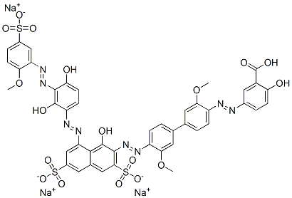 trisodium hydrogen 5-[[4'-[[8-[[2,4-dihydroxy-3-[(2-methoxy-5-sulphonatophenyl)azo]phenyl]azo]-1-hydroxy-3,6-disulphonato-2-naphthyl]azo]-3,3'-dimethoxy[1,1'-biphenyl]-4-yl]azo]salicylate Struktur