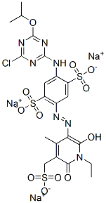 trisodium 2-[[4-chloro-6-(1-methylethoxy)-1,3,5-triazin-2-yl]amino]-5-[[1-ethyl-1,6-dihydro-2-hydroxy-4-methyl-6-oxo-5-(sulphonatomethyl)-3-pyridyl]azo]benzene-1,4-disulphonate Struktur