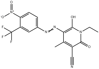 3-Pyridinecarbonitrile,  1-ethyl-1,2-dihydro-6-hydroxy-4-methyl-5-[2-[4-nitro-3-(trifluoromethyl)phenyl]diazenyl]-2-oxo- Struktur