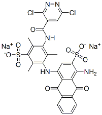 disodium 1-amino-4-[3-[[(3,6-dichloropyridazin-4-yl)carbonyl]amino]-2,4,6-trimethyl-5-sulphonatoanilino]-9,10-dihydro-9,10-dioxoanthracene-2-sulphonate Struktur