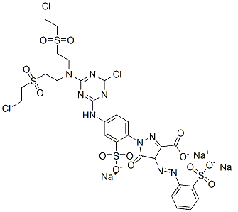 trisodium 1-[4-[[4-[bis[2-[(2-chloroethyl)sulphonyl]ethyl]amino]-6-chloro-1,3,5-triazin-2-yl]amino]-2-sulphonatophenyl]-4,5-dihydro-5-oxo-4-[(2-sulphonatophenyl)azo]-1H-pyrazole-3-carboxylate Struktur