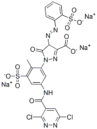 trisodium 1-[5-[[(3,6-dichloropyridazin-4-yl)carbonyl]amino]-2-methyl-3-sulphonatophenyl]-4,5-dihydro-5-oxo-4-[(2-sulphonatophenyl)azo]-1H-pyrazole-3-carboxylate Struktur