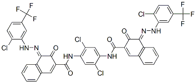 (4Z)-4-[[2-chloro-5-(trifluoromethyl)phenyl]hydrazinylidene]-N-[2,5-dichloro-4-[[(4E)-4-[[2-chloro-5-(trifluoromethyl)phenyl]hydrazinylidene]-3-oxo-naphthalene-2-carbonyl]amino]phenyl]-3-oxo-naphthalene-2-carboxamide Struktur