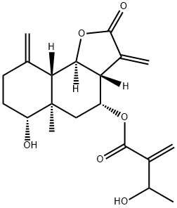 3-Hydroxy-2-methylenebutanoic acid dodecahydro-6-hydroxy-5a-methyl-3,9-bis(methylene)-2-oxonaphtho[1,2-b]furan-4-yl ester Struktur