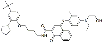 N-[4-[2-cyclopentyl-4-(1,1-dimethylethyl)phenoxy]butyl]-4-[[4-[ethyl(2-hydroxyethyl)amino]-2-methylphenyl]imino]-1,4-dihydro-1-oxonaphthalene-2-carboxamide Struktur