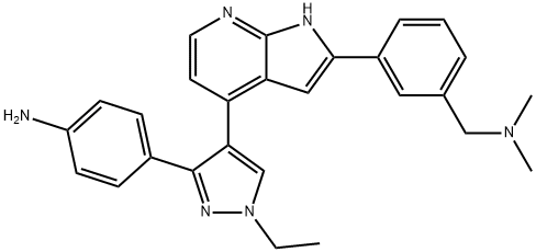 3-[4-[3-(4-Aminophenyl)-1-ethyl-1H-pyrazol-4-yl]-1H-pyrrolo[2,3-b]pyridin-2-yl]-N,N-dimethylbenzenemethanamine Struktur