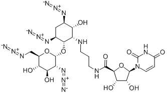 (2S,3S,4R,5R)-N-(3-((1S,2S,3S,5R,6R)-3,5-DIAZIDO-2-((2S,3R,4R,5S,6R)-3-AZIDO-6-(AZIDOMETHYL)-4,5-DIHYDROXYTETRAHYDRO-2H-PYRAN-2-YLOXY)-6-HYDROXYCYCLOHEXYLAMINO)PROPYL)-5-(2,4-DIOXO-3,4-DIHYDROPYRIMIDIN-1(2H)-YL)-3,4-DIHYDROXYTETRAHYDROFURAN-2-CARBOXAMIDE Struktur