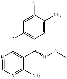 5-Pyrimidinecarboxaldehyde,  4-amino-6-(4-amino-3-fluorophenoxy)-,  O-methyloxime Struktur