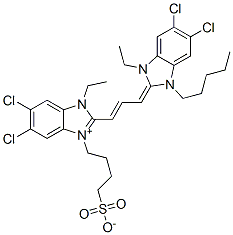 1H-Benzimidazolium,5,6-dichloro-2-[3-(5,6-dichloro-1-ethyl-1,3-dihydro-3-pentyl-2H-benzimidazol-2-ylidene)-1-propenyl]-1-ethyl-3-(4-sulfobutyl)-, inner salt Struktur