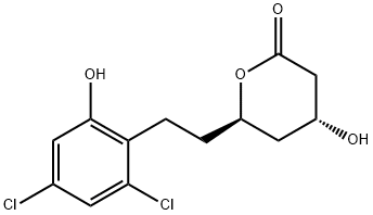 6-(2-(2,4-dichloro-6-hydroxyphenyl)ethyl)-3,4,5,6-tetrahydro-4-hydroxy-2H-pyran-2-one Struktur