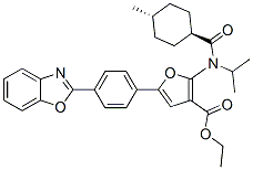 3-Furancarboxylic  acid,  5-[4-(2-benzoxazolyl)phenyl]-2-[[(trans-4-methylcyclohexyl)carbonyl](1-methylethyl)amino]-,  ethyl  ester Struktur