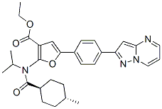 3-Furancarboxylic  acid,  2-[[(trans-4-methylcyclohexyl)carbonyl](1-methylethyl)amino]-5-(4-pyrazolo[1,5-a]pyrimidin-2-ylphenyl)-,  ethyl  ester Struktur