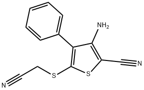 3-amino-5-[(cyanomethyl)sulfanyl]-4-phenyl-2-thiophenecarbonitrile Struktur