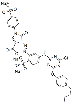 trisodium 4-[[5-[[4-(4-butylphenoxy)-6-chloro-1,3,5-triazin-2-yl]amino]-2-sulphonatophenyl]azo]-4,5-dihydro-5-oxo-1-(4-sulphonatophenyl)-1H-pyrrole-3-carboxylate Struktur