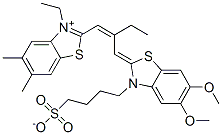 2-[2-[[5,6-dimethoxy-3-(4-sulphonatobutyl)-3H-benzothiazol-2-ylidene]methyl]but-1-enyl]-3-ethyl-5,6-dimethylbenzothiazolium Struktur