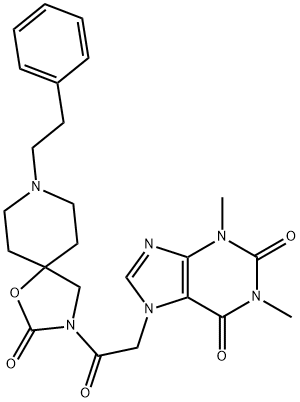 1,3-dimethyl-7-[2-oxo-2-(2-oxo-8-phenethyl-1-oxa-3,8-diazaspiro[4.5]dec-3-yl)ethyl]purine-2,6-dione Struktur