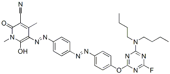 5-[4-[4-(4-Dibutylamino-6-fluoro-1,3,5-triazine-2-yloxy)phenylazo]phenylazo]-6-hydroxy-1,4-dimethyl-2-oxo-1,2-dihydro-3-pyridinecarbonitrile Struktur