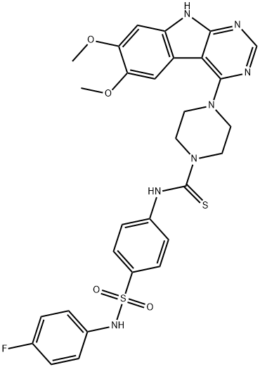 4-(6,7-Dimethoxy-9H-pyrimido[4,5-b]indol-4-yl)-N-[4-[[(4-fluorophenyl)amino]sulfonyl]phenyl]-1-piperazinecarbothioamide Struktur