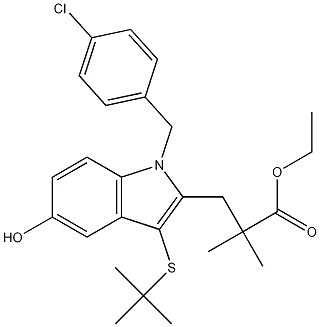 ethyl 3-(3-(tert-butylthio)-1-(4-chlorobenzyl)-5-hydroxy-1H-indol-2-yl)-2,2-dimethylpropanoate Struktur