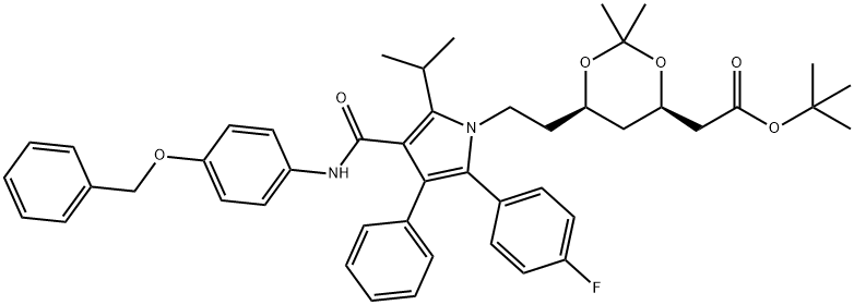 (6-{2-[3-(4-Benzyloxy-phenylcarbamoyl)-5-(4-fluoro-phenyl)-2-isopropyl-4-phenyl-pyrrol-1-yl]-ethyl}-2,2-dimethyl-[1,3]-dioxane-4-yl)-acetic Acid, tert-Butyl Ester Struktur