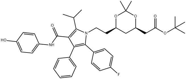 tert-butyl 2-((4R,6R)-6-(2-(2-(4-
fluorophenyl)-4-(4-
hydroxyphenylcarbamoyl)-5-isopropyl-3-
phenyl-1H-pyrrol-1-yl)ethyl)-2,2-
dimethyl-1,3-dioxan-4-yl)acetate Struktur