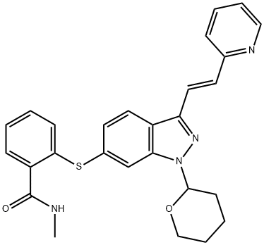 N-Methyl-2-[[3-[(1E)-2-(2-pyridinyl)ethenyl]-1-(tetrahydro-2H-pyran-2-yl)-1H-indazol-6-yl]thio]benzamide Struktur