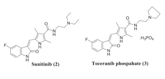 Isatin derivatives: anti-tumour agents sunitinib (2) and toceranib phosphate (3)