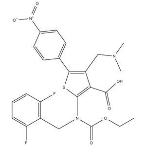 2-((2,6-difluorobenzyl)(ethoxycarbonyl)amino)-4-((dimethylamino)methyl)-5-(4-nitrophenyl)thiophene-3-carboxylic acid