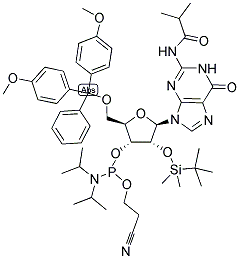 N2-(ISOBUTYRYL)-5'-O-(DIMETHOXYTRITYL)-2'-O-(T-BUTYLDIMETHYLSILYL)-GUANOSINE-3'-N,N-DIISOPROPYL (CYANOETHYL) PHOSPHORAMIDITE Struktur