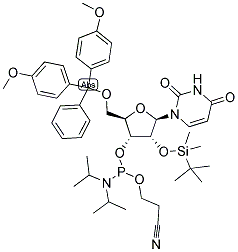 5'-O-(4,4'-DIMETHOXYTRITYL)-R-URIDINE-2'-T-BUTYLDIMETHYLSILYL-3'-(2-CYANOETHYL-N,N-DIISOPROPYL)PHOSPHORAMIDITE Struktur