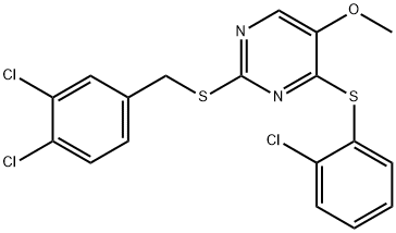 4-[(2-CHLOROPHENYL)SULFANYL]-2-[(3,4-DICHLOROBENZYL)SULFANYL]-5-METHOXYPYRIMIDINE Struktur