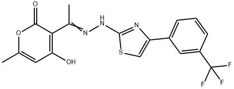 4-HYDROXY-6-METHYL-3-(2-(4-[3-(TRIFLUOROMETHYL)PHENYL]-1,3-THIAZOL-2-YL)ETHANEHYDRAZONOYL)-2H-PYRAN-2-ONE Struktur