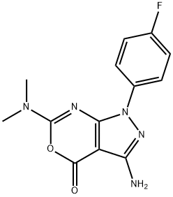 3-AMINO-6-(DIMETHYLAMINO)-1-(4-FLUOROPHENYL)PYRAZOLO[3,4-D][1,3]OXAZIN-4(1H)-ONE Struktur