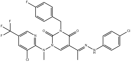 5-[2-(4-CHLOROPHENYL)ETHANEHYDRAZONOYL]-1-[[3-CHLORO-5-(TRIFLUOROMETHYL)-2-PYRIDINYL](METHYL)AMINO]-3-(4-FLUOROBENZYL)-2,4(1H,3H)-PYRIMIDINEDIONE Struktur