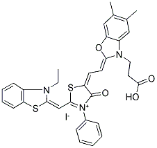 3-ETHYL-2-((3-PHENYL-5-(2-(3-CARBOXY ETHYL-5,6-DIMETHYL-2-BENZOXAZOLINYLIDENE) ETHYLIDENE)-4-OXO-2-THIAZOLIDINYLIDENE) METHYL)-BENZOTHIAZOLIUM IODIDE Struktur