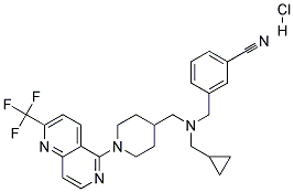 3-([(CYCLOPROPYLMETHYL)((1-[2-(TRIFLUOROMETHYL)-1,6-NAPHTHYRIDIN-5-YL]PIPERIDIN-4-YL)METHYL)AMINO]METHYL)BENZONITRILE HYDROCHLORIDE Struktur