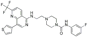 N-(3-FLUOROPHENYL)-4-(2-([8-(3-THIENYL)-2-(TRIFLUOROMETHYL)-1,6-NAPHTHYRIDIN-5-YL]AMINO)ETHYL)PIPERAZINE-1-CARBOXAMIDE Struktur