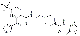 N-(3,5-DIMETHYLISOXAZOL-4-YL)-4-(2-([8-(3-THIENYL)-2-(TRIFLUOROMETHYL)-1,6-NAPHTHYRIDIN-5-YL]AMINO)ETHYL)PIPERAZINE-1-CARBOXAMIDE Struktur