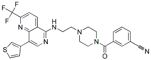 3-([4-(2-([8-(3-THIENYL)-2-(TRIFLUOROMETHYL)-1,6-NAPHTHYRIDIN-5-YL]AMINO)ETHYL)PIPERAZIN-1-YL]CARBONYL)BENZONITRILE Struktur